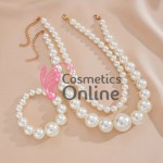 Colier  elegant AS16SS Argintiu cu perle Alb-Crem din 2 siraguri + 1 Bratara